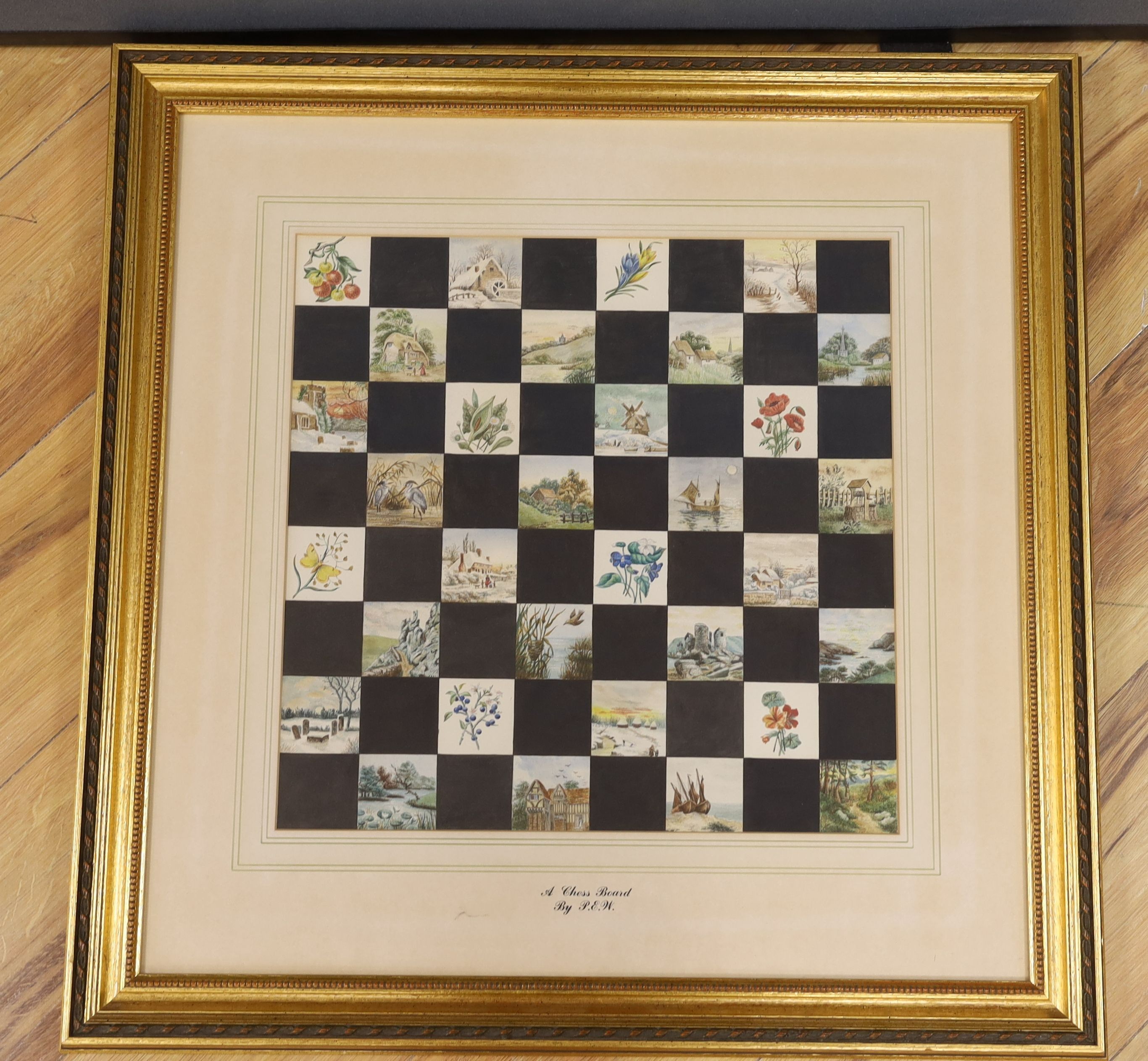 P.E.W c.1890, watercolour, 'Design for a chessboard', 40 x 40cm
